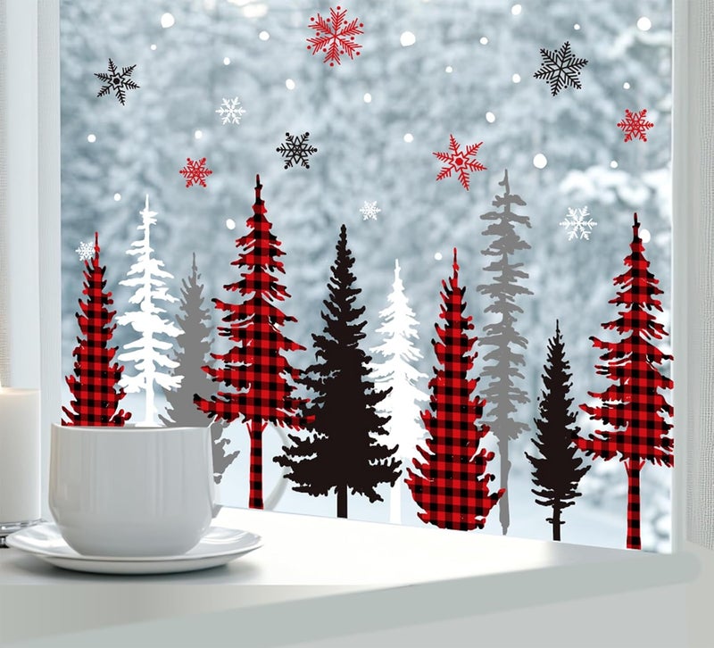 Whaline 9 Sheet Christmas Window Clings Red Black Gray Xmas Trees Snowflake Window Decal Reusable Anti-Collision Windows Decor for Winter Home School Office Party Supplies - Image 2